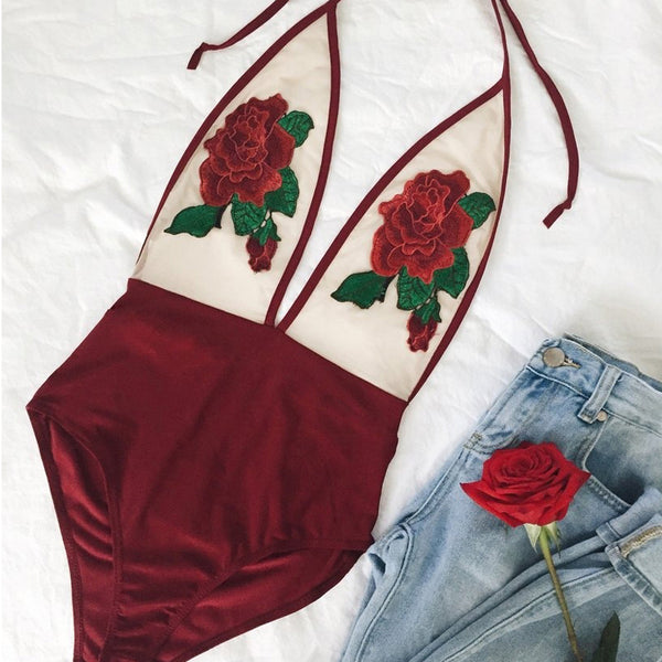Sexy Rose Embroidery Beach Bodysuits