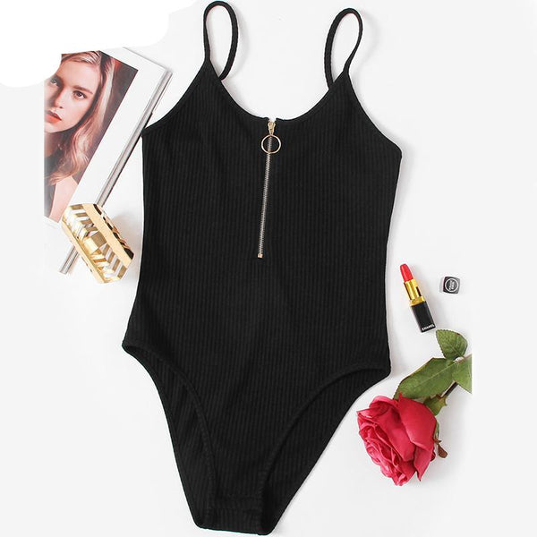 Zipper Front Ribbed Bodysuit