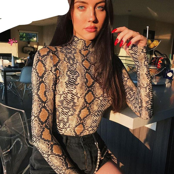 snake skin Turtleneck Long Sleeve Bodysuit