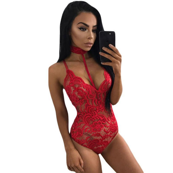 Elegant FloralLace Bodysuit Women Backless Deep V Neck Bodysuit